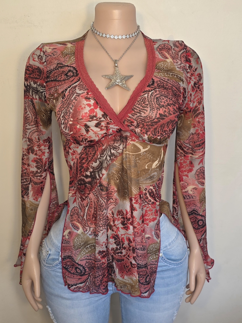 ☆Sans Souci Red and Brown Paisley Bell Long Sleeve Top☆